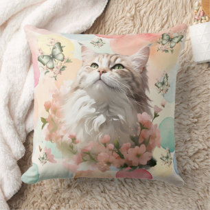 Vintage Cat with Butterflies Pink Pastel Colours Throw Pillow