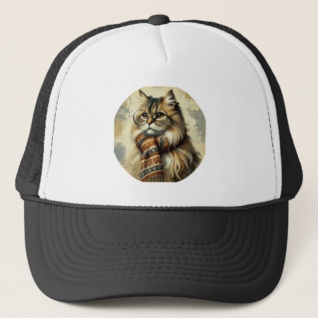 Vintage Cat with Glasses and Scarf  Trucker Hat (Front)