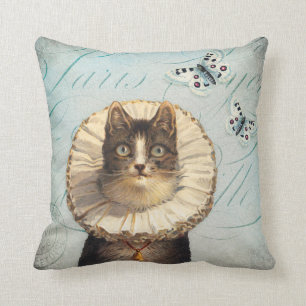 Vintage Cat with Ruff Collar and Butterflies Throw Pillow