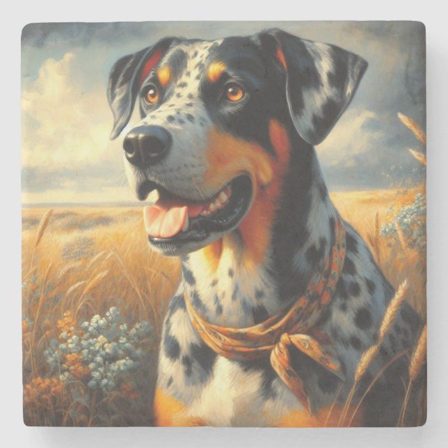 Vintage Catahoula Leopard Dog Painting Stone Coaster (Front)