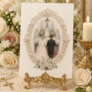 Vintage Catholic Bride & Groom at High Altar Card