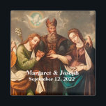 Vintage Catholic Personalized Wedding Favours Magnet<br><div class="desc">Vintage Catholic Wedding design features a reproduction of the painting, "The Marriage of the Virgin" by Pedro Ramírez, painted in1688 as background to the names of the newlywed couple and the date of their wedding in an elegant white lettering. A great idea for wedding or shower favours. Designed to coordinate...</div>