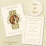 Vintage Catholic Wedding Elegant Save the Date<br><div class="desc">Featuring a beautiful vintage traditional Catholic "Save the Date" Postcard with the image of the Blessed Mother & St. Joseph on overlaid on a gold floral frame. A scripture quote is included on the front.  Text and design can be modified. We offer coordinating wedding invitations,  rsvp,  favours,  etc.,   also.</div>