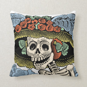 Vintage Catrina Day of the Dead Skeleton Throw Pillow