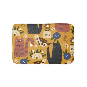Vintage Cats and Birds, Hand Drawn. Bath Mat