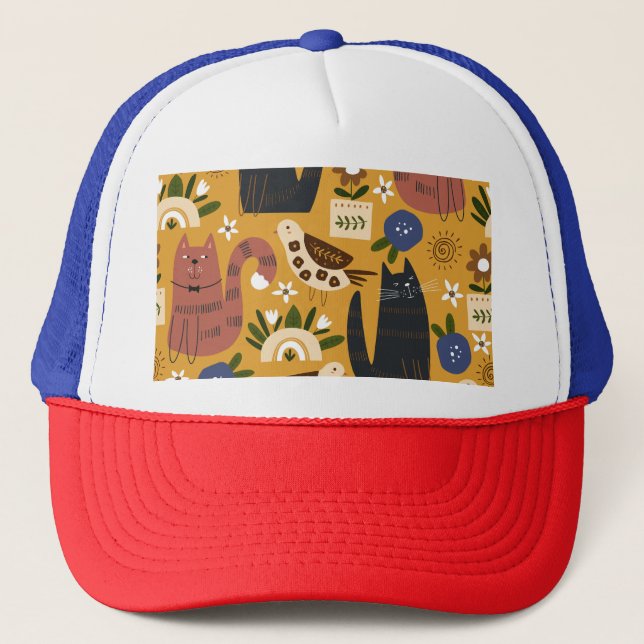 Vintage Cats and Birds, Hand Drawn. Trucker Hat (Front)