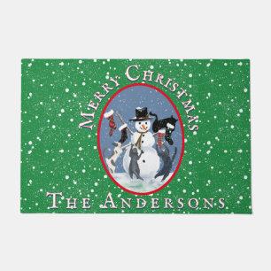 Vintage Cats and Snowman Green Custom Christmas Doormat