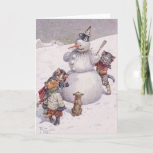 Vintage - Cats Build Snowman, Holiday Card