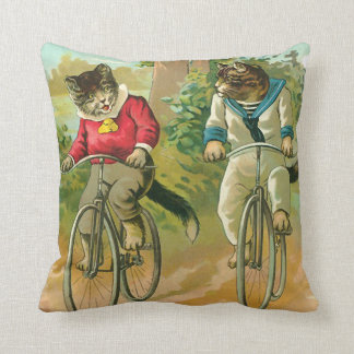 Vintage Cats on Bicycle Throw Pillow