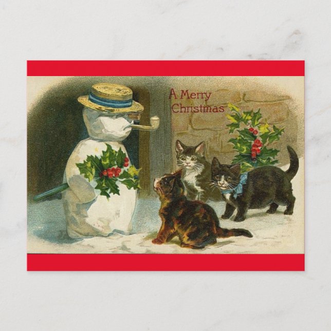 Vintage Cats Snow Man Merry Christmas Post Card (Front)