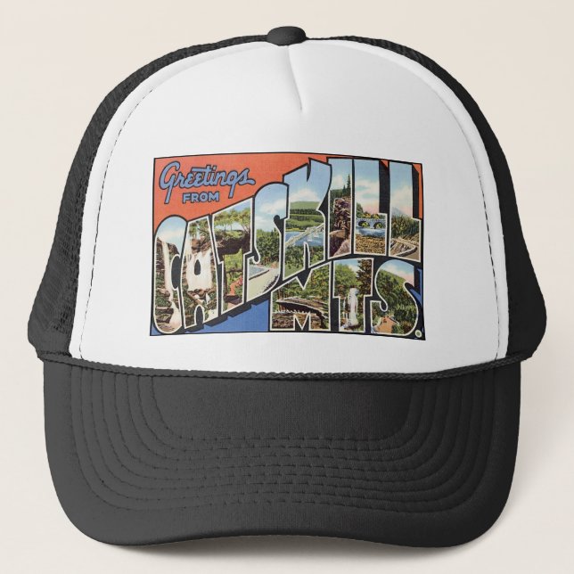 Vintage Catskill Mountains Postcard Trucker Hat (Front)