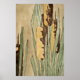 Vintage Cattail Botanical Print  Earth Tone