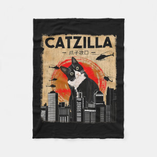 Vintage Catzilla - Funny Tuxedo Cat And Kitten Fleece Blanket