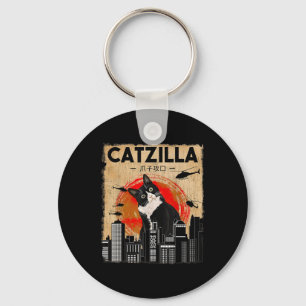 Vintage Catzilla - Funny Tuxedo Cat And Kitten  Keychain