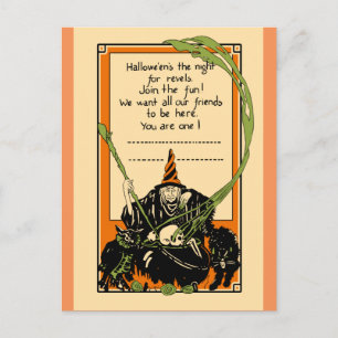 Vintage Cauldron Black Cat and Owl Postcard