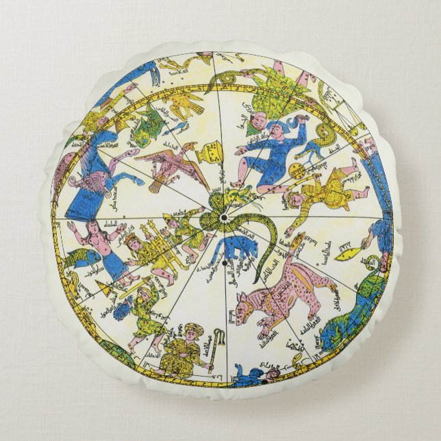 Vintage Celestial, Arabic Sphere, Constellations Round Pillow (Front)