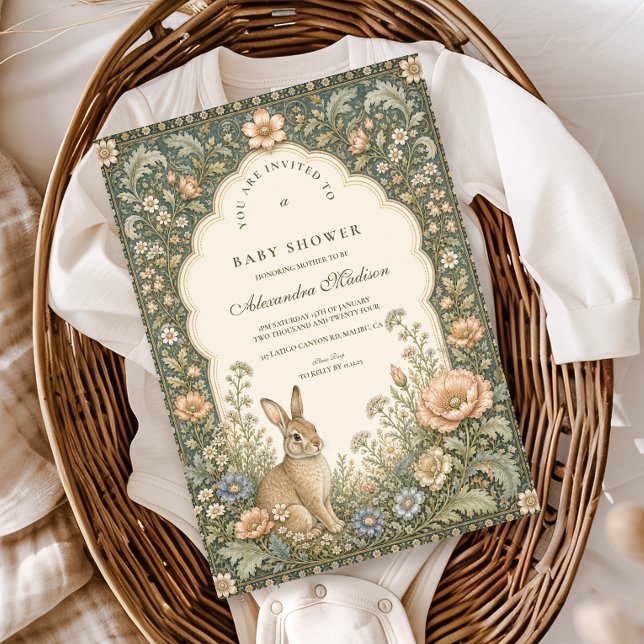 Vintage Celestial Botanical Rabbit Baby Shower Invitation (Creator Uploaded)