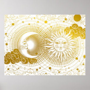 Vintage Celestial Golden Sun & Moon on White Poster