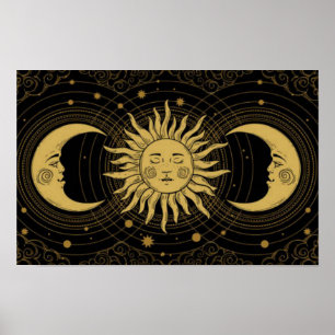 Vintage Celestial Golden Sun & Moon Poster