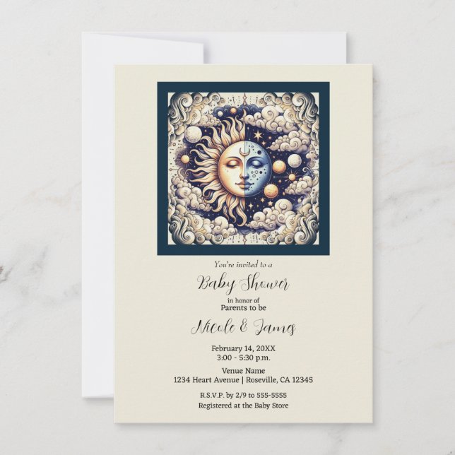 Vintage Celestial Half Sun & Moon Baby Shower  Invitation (Front)