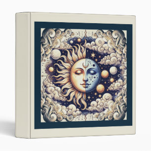 Vintage Celestial Half Sun & Moon Blue Yellow Binder