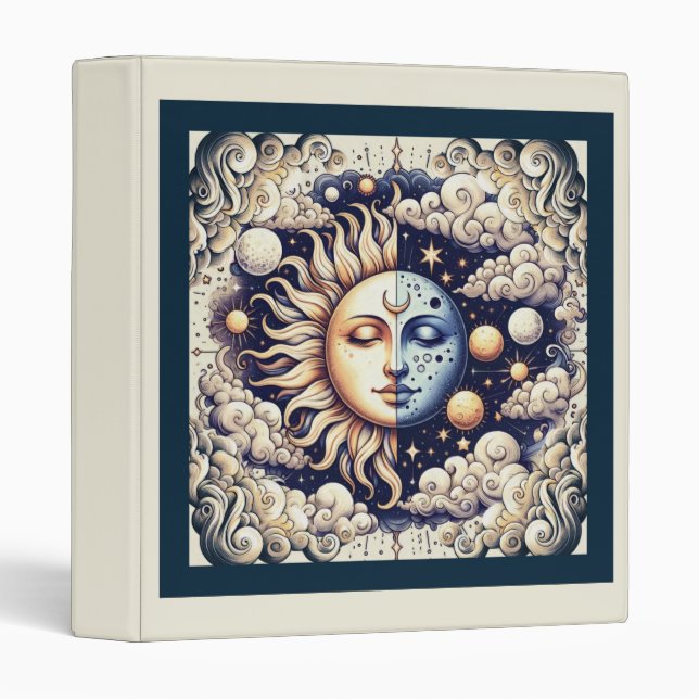 Vintage Celestial Half Sun & Moon Blue Yellow Binder (Front/Spine)