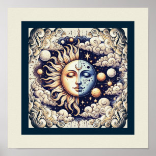 Vintage Celestial Half Sun & Moon Blue Yellow Poster