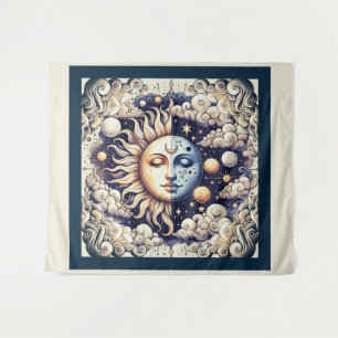 Vintage Celestial Half Sun & Moon Blue Yellow Tapestry