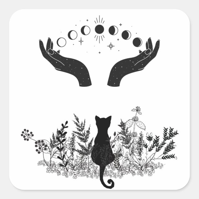 Vintage Celestial Moon Phases Cat Square Sticker (Front)
