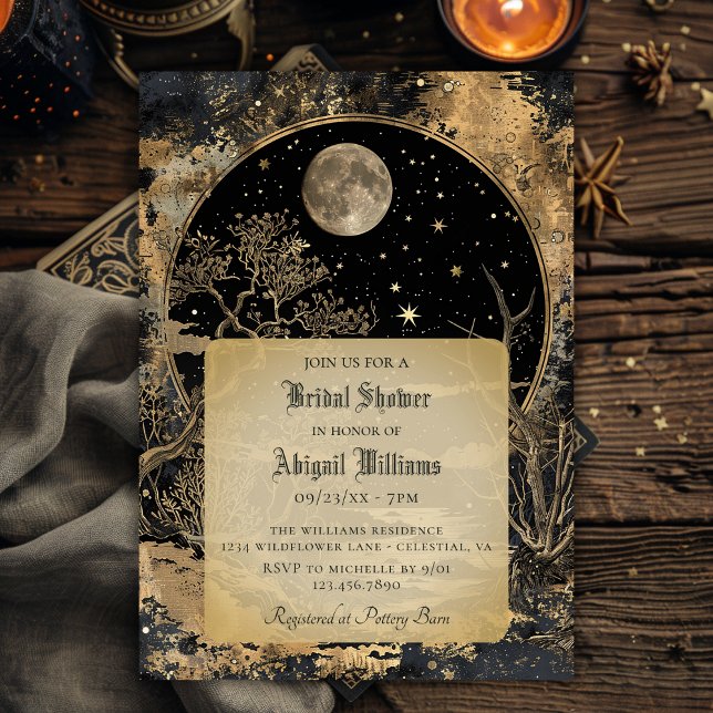 Vintage Celestial Moon Stars Mystic Bridal Shower Invitation (Creator Uploaded)