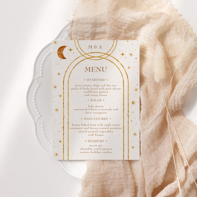 Vintage Celestial Moon Stars Wedding Dinner Menu Invitation (Creator Uploaded)
