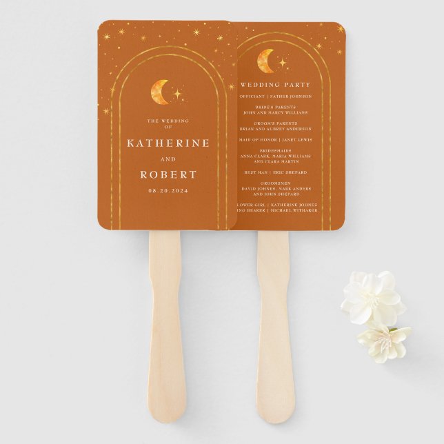 Vintage Celestial Moon Stars Wedding Program Hand Fan (Front and Back)