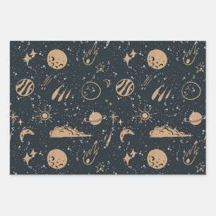 Vintage Celestial Space Pattern Wrapping Paper Sheet