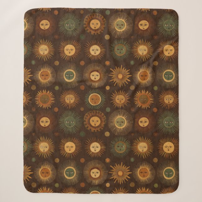 Vintage Celestial Sun Face Pattern Sherpa Blanket (Front)