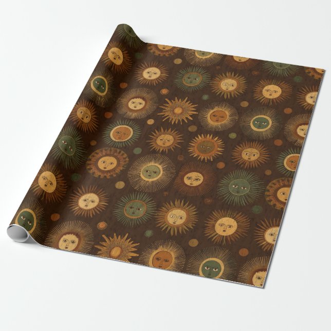 Vintage Celestial Sun Face Pattern Wrapping Paper (Unrolled)
