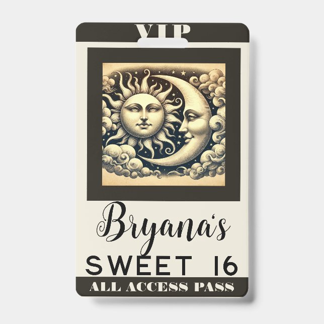 Vintage Celestial Sun & Moon Birthday VIP Pass Badge (Front)