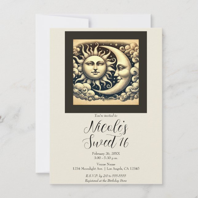 Vintage Celestial Sun & Moon Sweet 16 Birthday Invitation (Front)