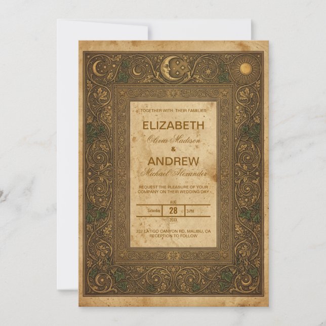 Vintage Celestial Wedding Invitation Antique Gold (Front)