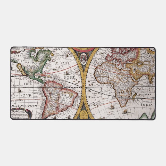 Vintage Celestial World Map with Zodiac Diagrams Desk Mat (Front)