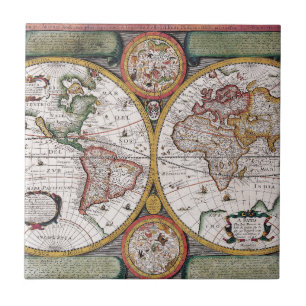Vintage Celestial World Map with Zodiac Diagrams Tile