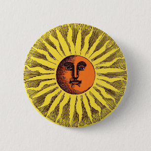 Vintage Celestial Yellow Smiling Happy Hippie Sun 2 Inch Round Button