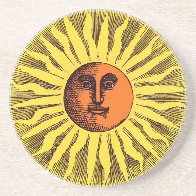 Vintage Celestial Yellow Smiling Happy Hippie Sun Coaster (Front)