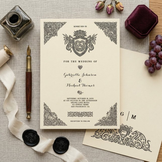 Vintage Celtic Knot Dragon Crest Wedding Invitation (Creator Uploaded)