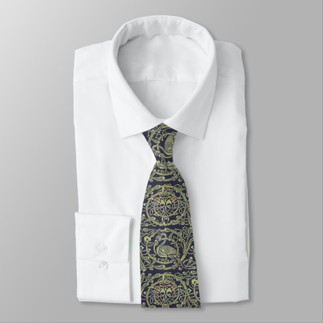 Vintage Celtic Knot Peacock Birds Pattern Frieze Tie (Tied)