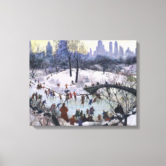 Vintage Central Park Skating Painting Canvas Print (Front)