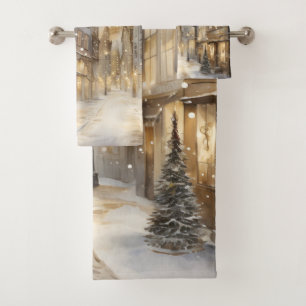 Vintage centre-ville nuit hiver neige chute d'or N