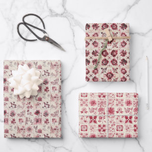 Vintage Ceramic Tile Floral Pattern in Pink & Red Wrapping Paper Sheet