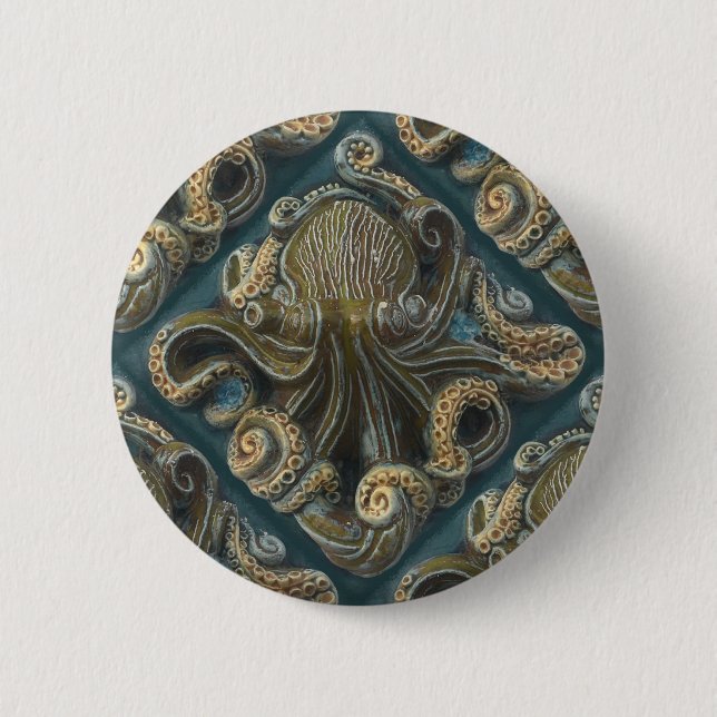 Vintage Ceramic Tile Octopus 2 Inch Round Button (Front)
