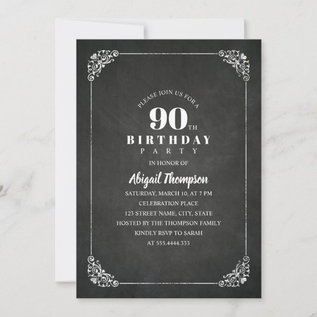 Vintage Chalkboard Adult 90th Birthday Party Invitation (Front)