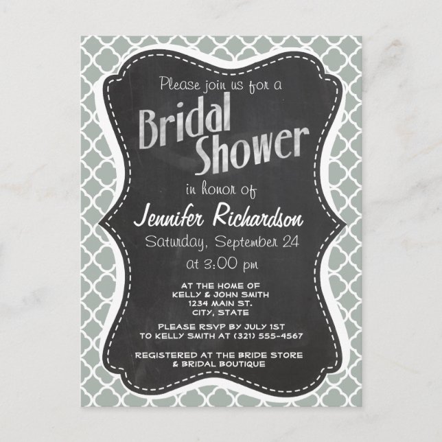 Vintage Chalkboard Ash Grey; Grey Quatrefoil Invitation Postcard (Front)